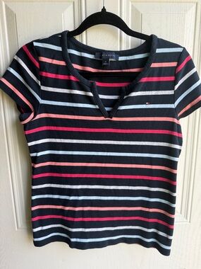 Tommy Hilfiger Y2K Navy Short-Sleeve Tee with Pink and Light Blue Stripes Size M